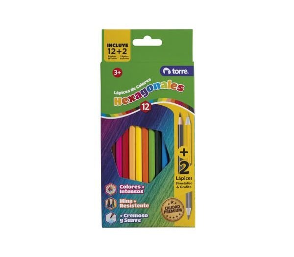 LAPIZ COLOR TORRE 12 HEXAGONAL + 2 LAPIZ BIMETALICO